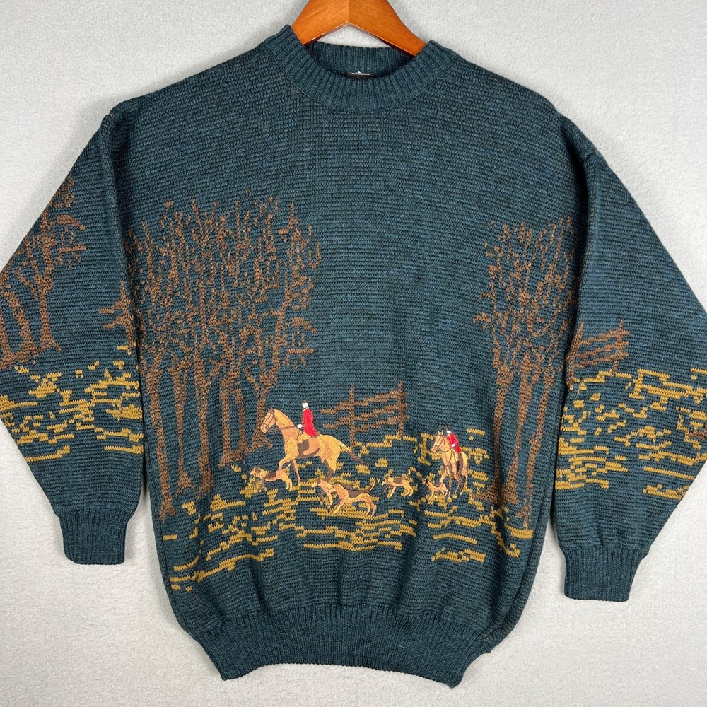 VTG Fox Hunting Sweater Fits M Hunter Horse Dog Equestrian Wool 1990s Made in UK